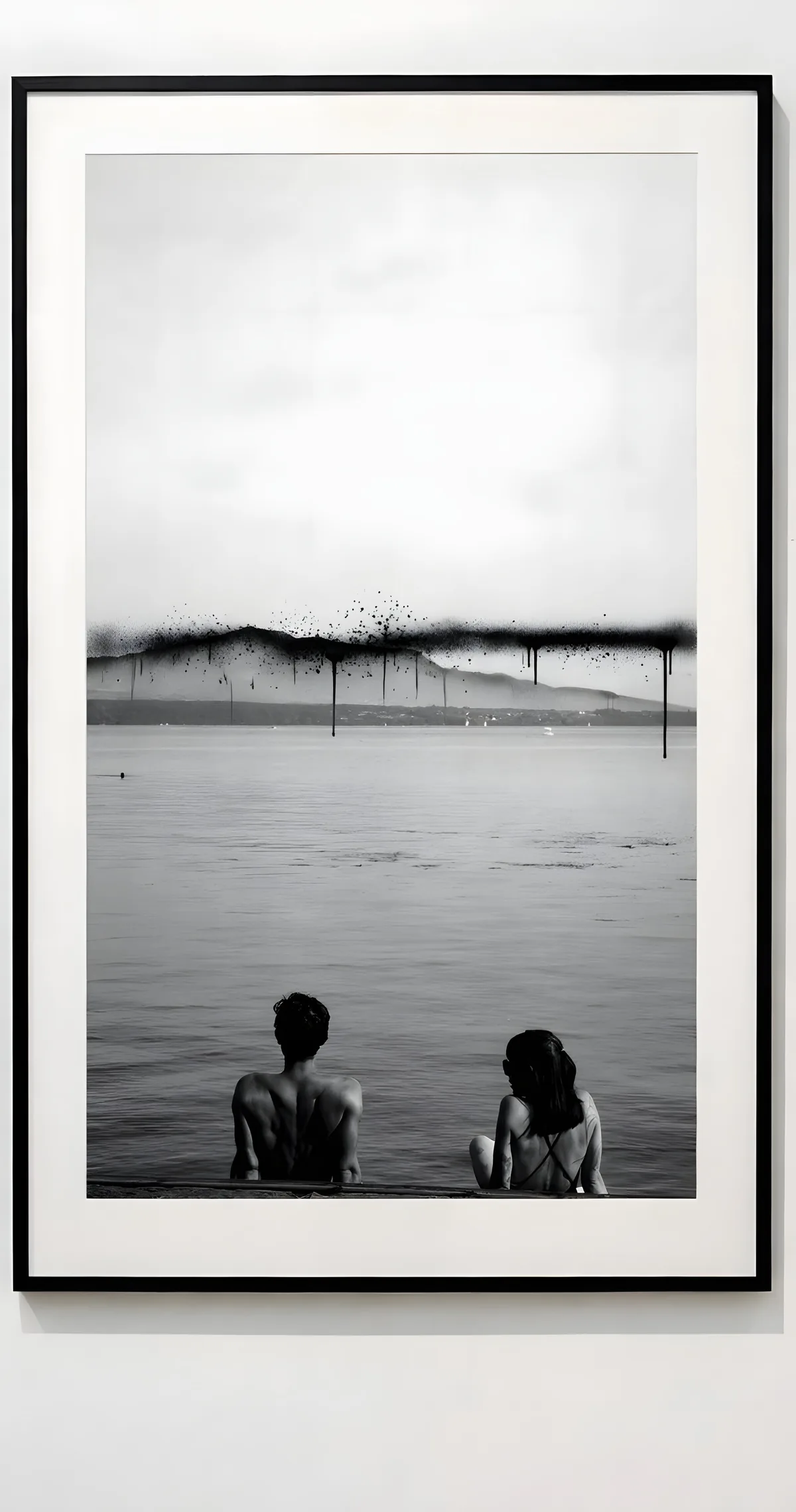 The Bathers of the Léman: two bathers seen from behind in the lake at dawn, facing the Jura, the horizon underlined in running black spray paint