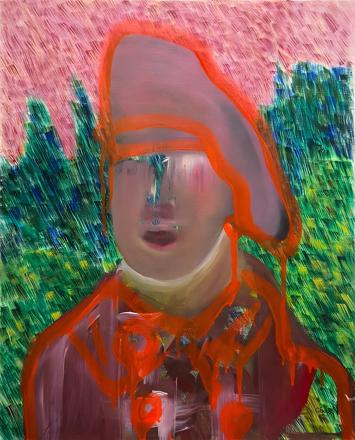 Untitled (bicorne): a figure in a bicorne hat, the face erased, ringed with running orange spray paint