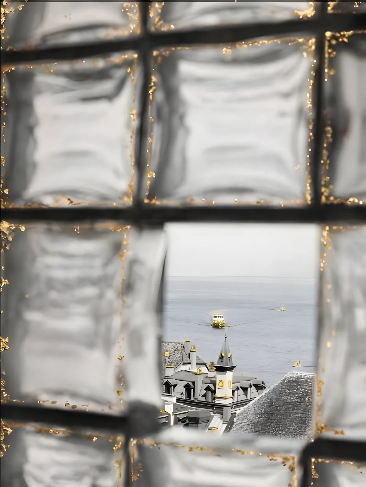View through the Glass Bricks, 1950s: rooftops and a boat seen through glass bricks with gilded joints