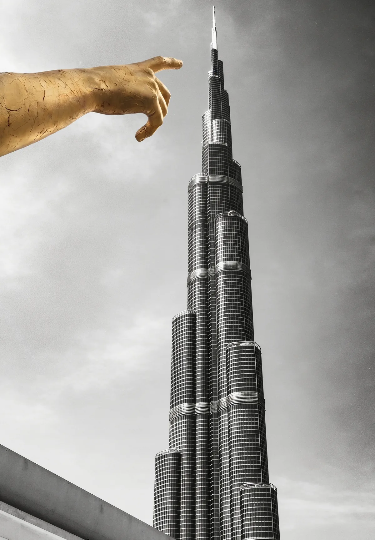 Concept: the smooth gold hand of the Jet d’Eau visual, level with the top of the Burj Khalifa, pointing at the flank of the needle, on a black-and-white photograph
