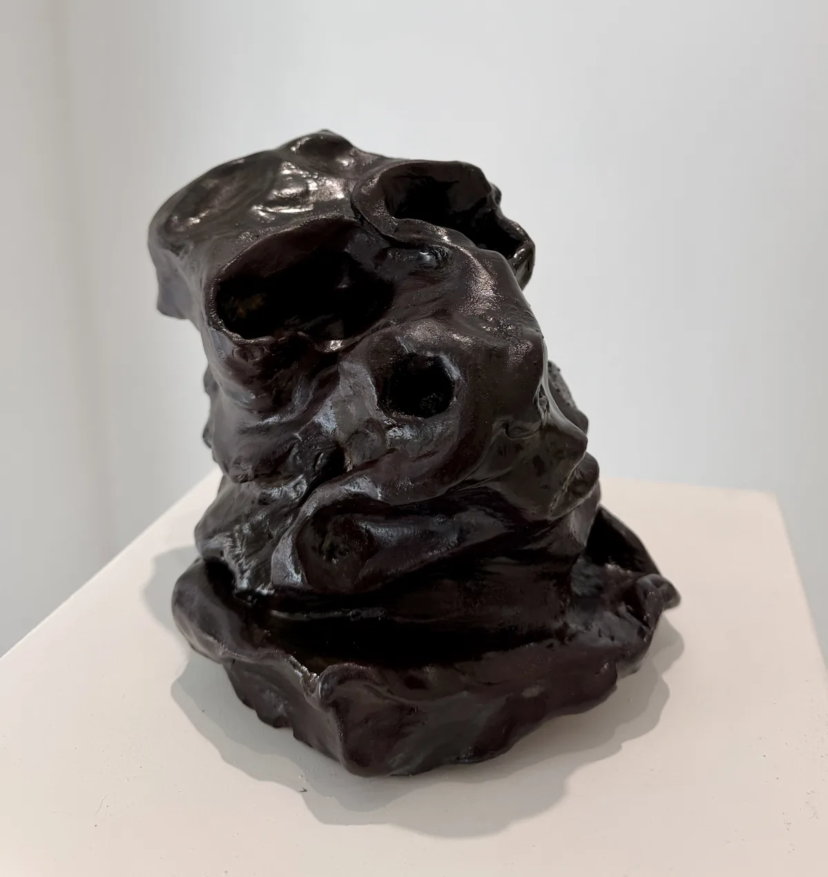 Ceramic no. 4: a very dark, almost black, glossy organic form hollowed by deep cavities