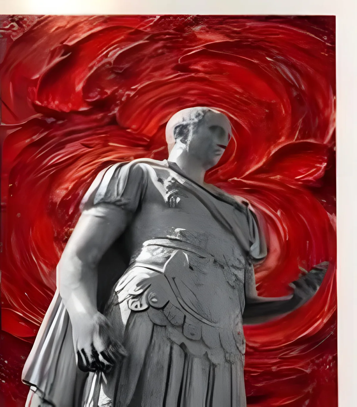 Red Caesar: the statue of Julius Caesar in Nyon seen from below, in black and white, over a swirl of red impasto