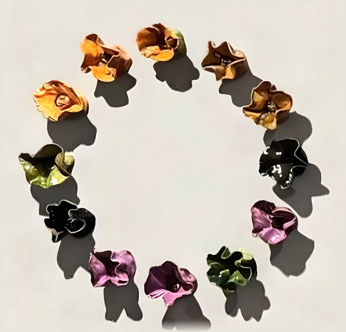 One flower wreath: twelve glazed stoneware flowers in a ring on the wall, burnt orange, moss green, aubergine, black, burgundy and mustard, with their shadows