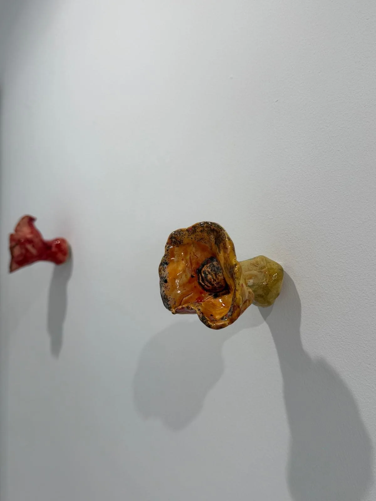 Two glazed stoneware flowers on a white wall, one red and one orange, casting shadows