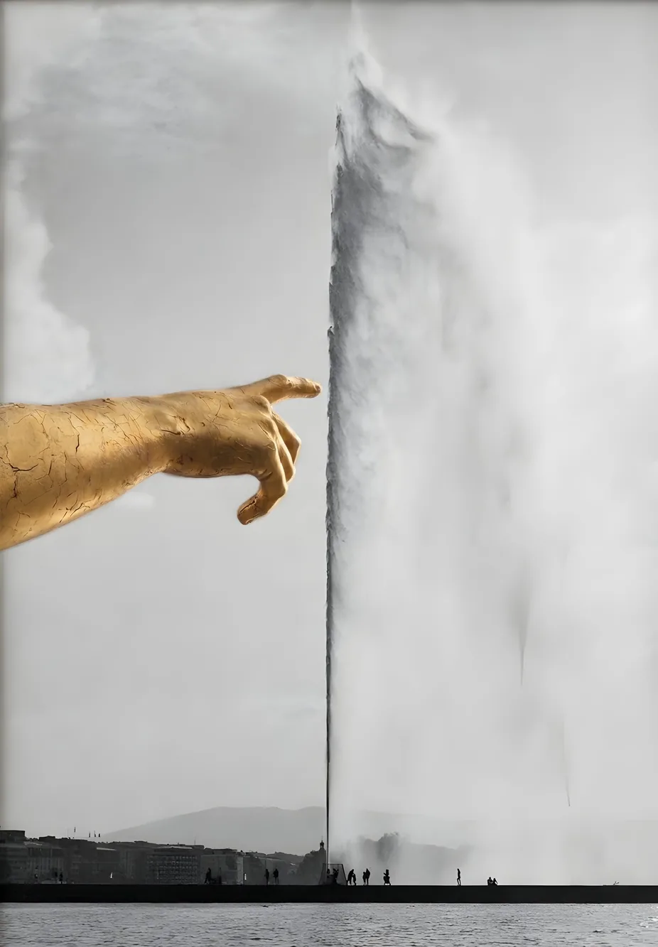 Jet d’Eau, Golden Hand: the visual with the smooth gold hand reaching towards the water column