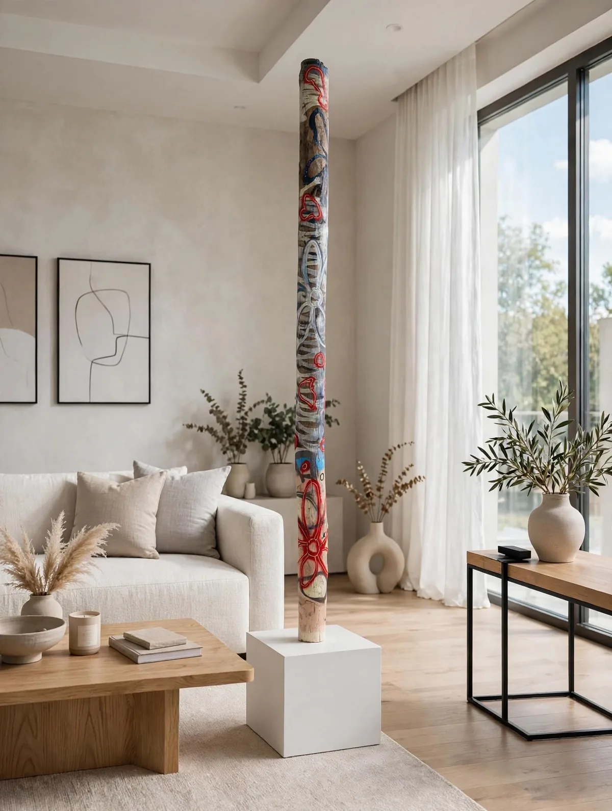 Totem (fleurs rouges, rayures) in a living room