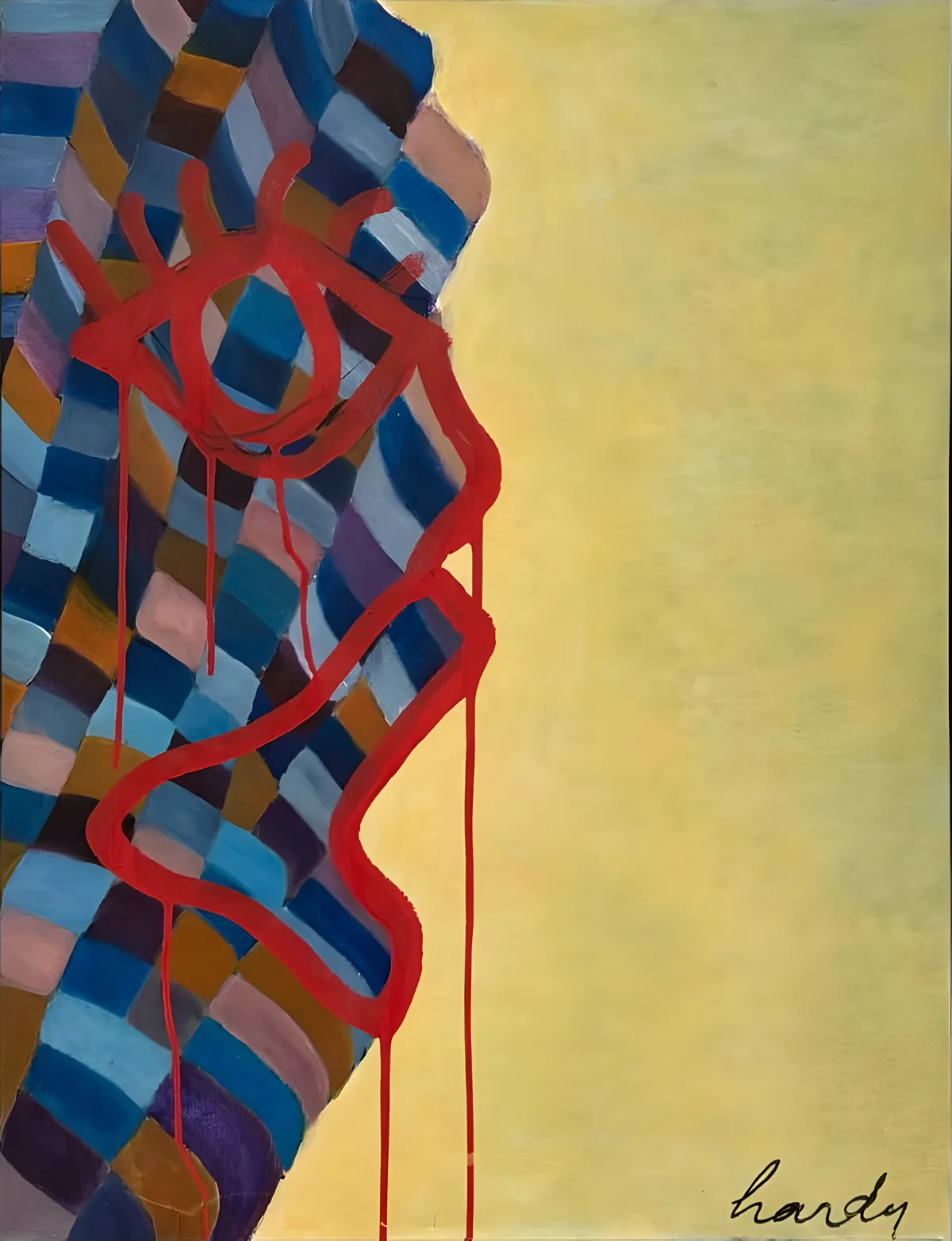Untitled (red eye): an eye and a profile drawn in one running red line over a checkerboard of colour