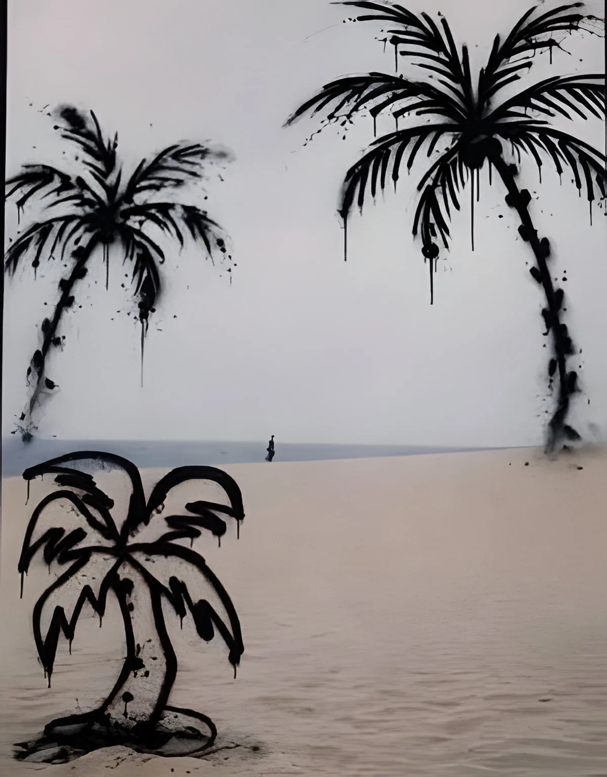 Untitled (palm trees): a black-and-white beach with a distant walker and three palm trees drawn in running black spray paint