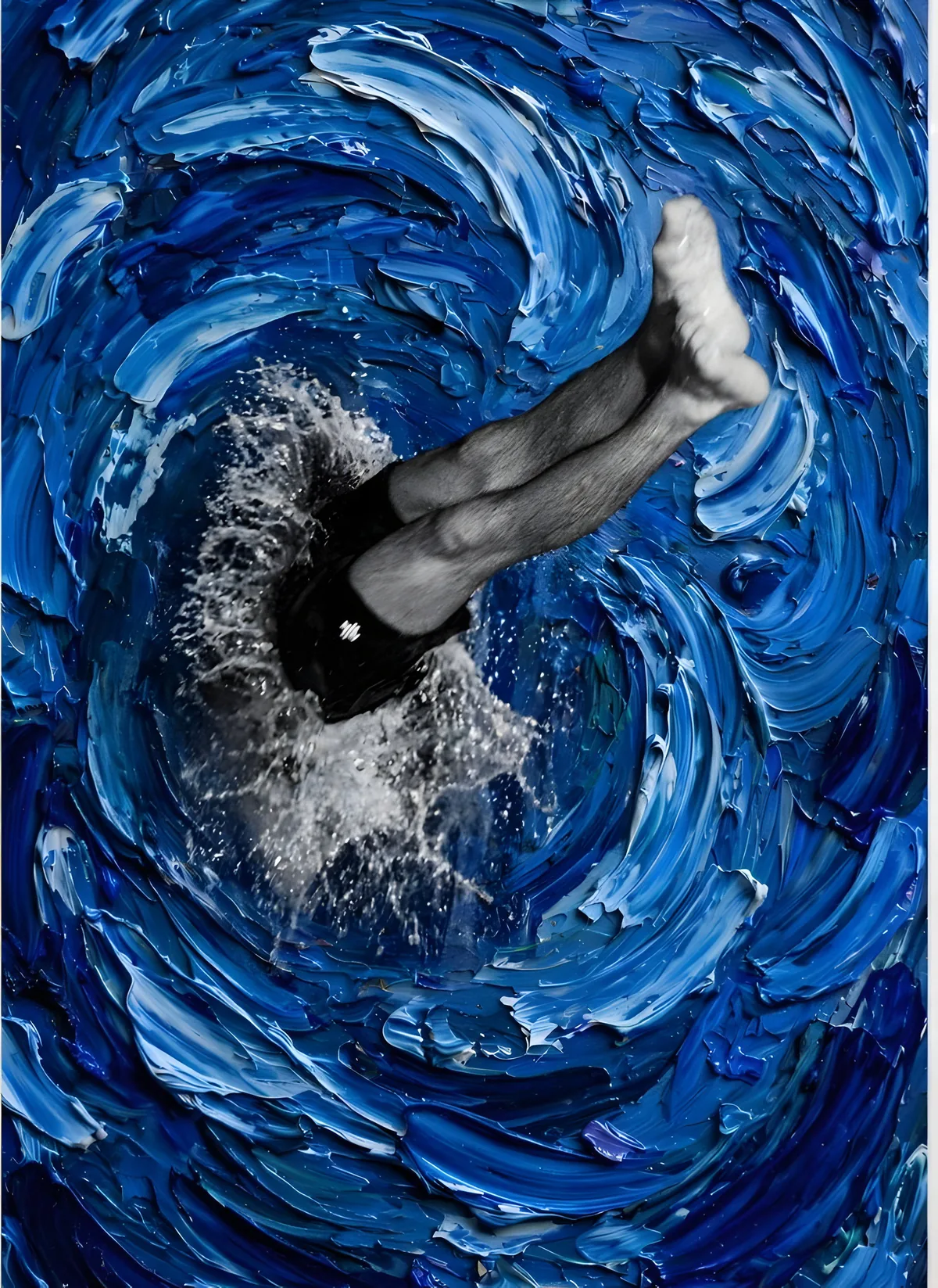 The Dive: the legs of a diver entering the water at the centre of a swirl of blue oil impasto