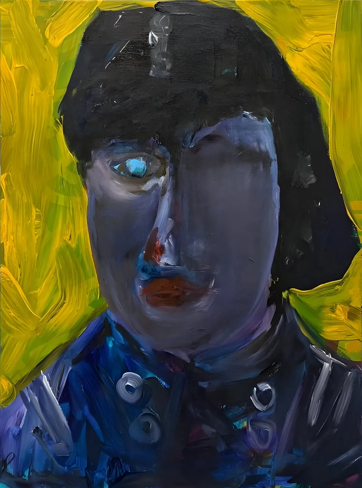 Untitled (blue portrait): a night-blue portrait with red lips over a yellow impasto ground