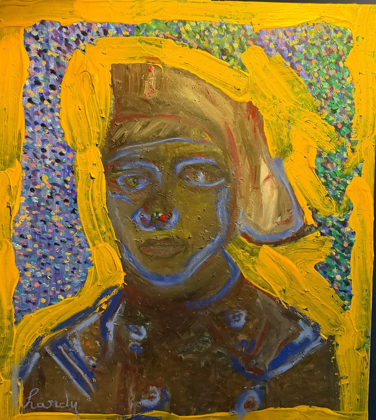 Yellow Portrait, painted frame: an olive face with blue contours inside a thick painted yellow border