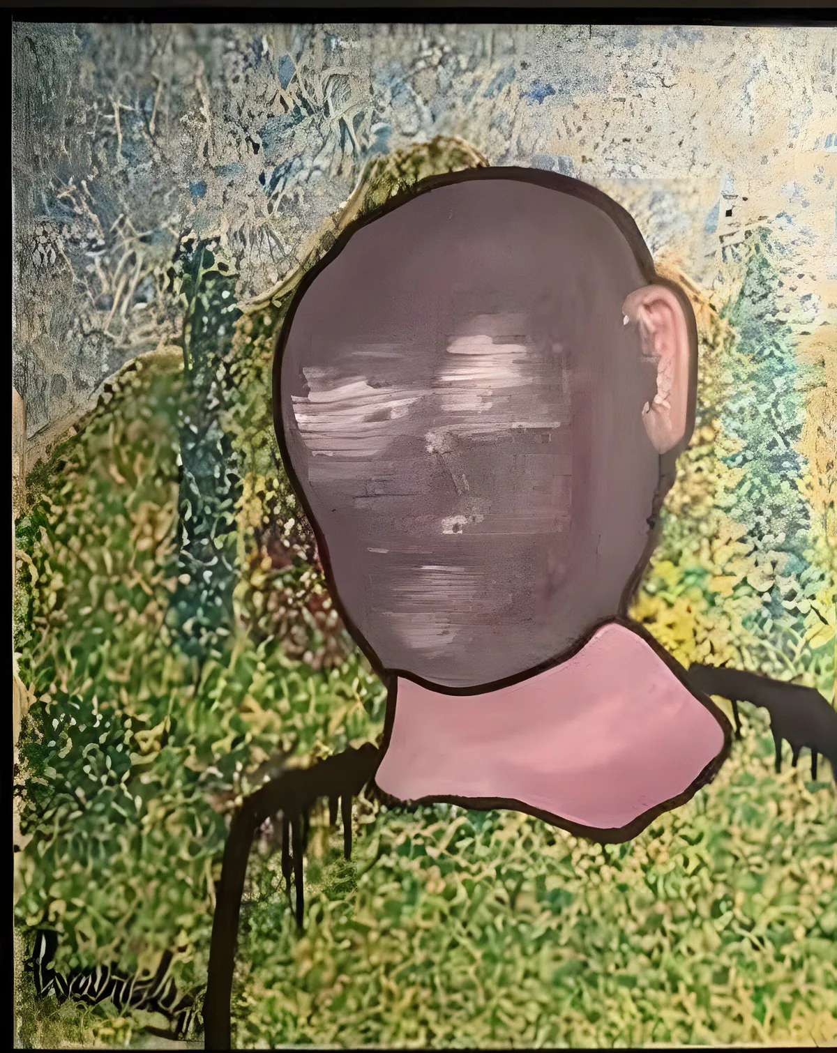Portrait with a Pink Collar: a mauve head with erased features over a background of green and yellow dots