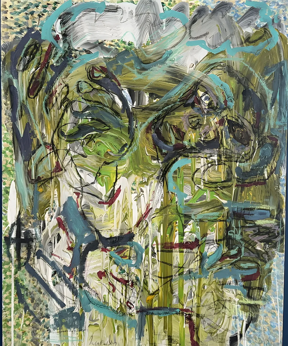 Untitled (green): a tangle of olive, turquoise, white and black from which two figures emerge