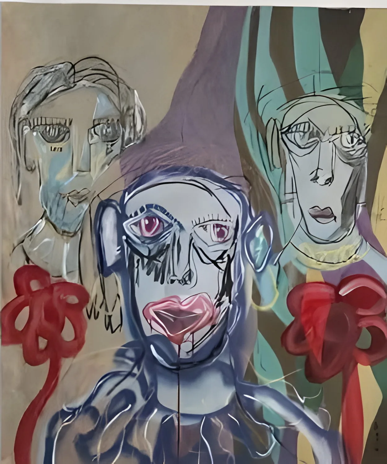 Untitled (three faces): three faces, a blue face with pink lips at the centre, between two red spray-painted flowers