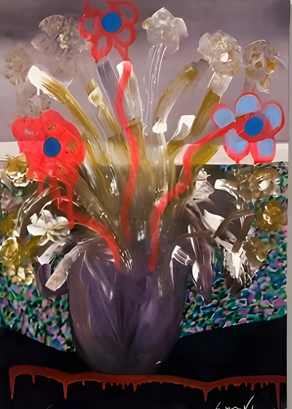 Untitled (vase, 2025): a violet vase with gold and silver stems and red and blue spray-painted flowers