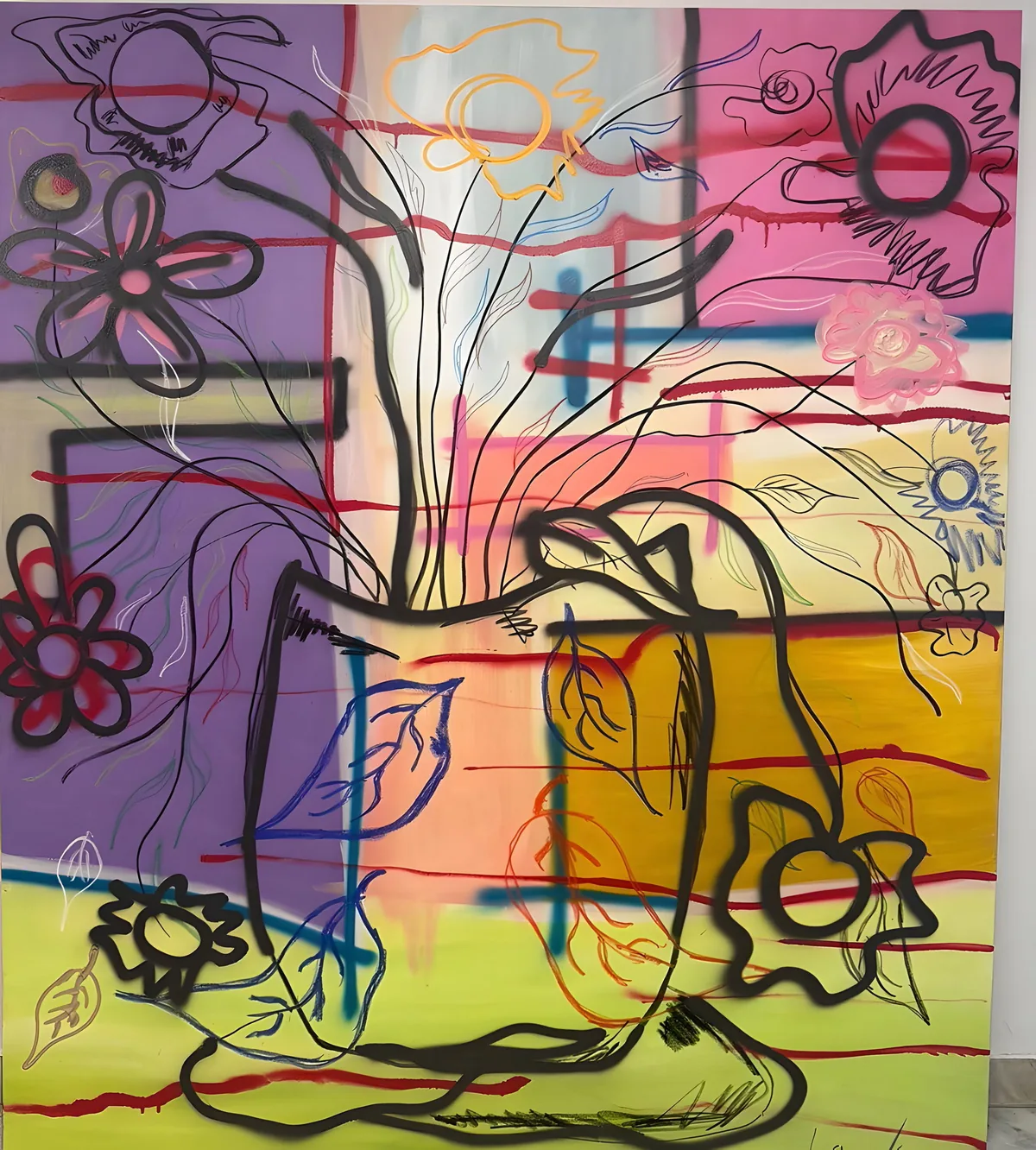 Vase of Flowers: a vase drawn in a single black line of spray paint over a patchwork of lilac, pink, orange and acid green