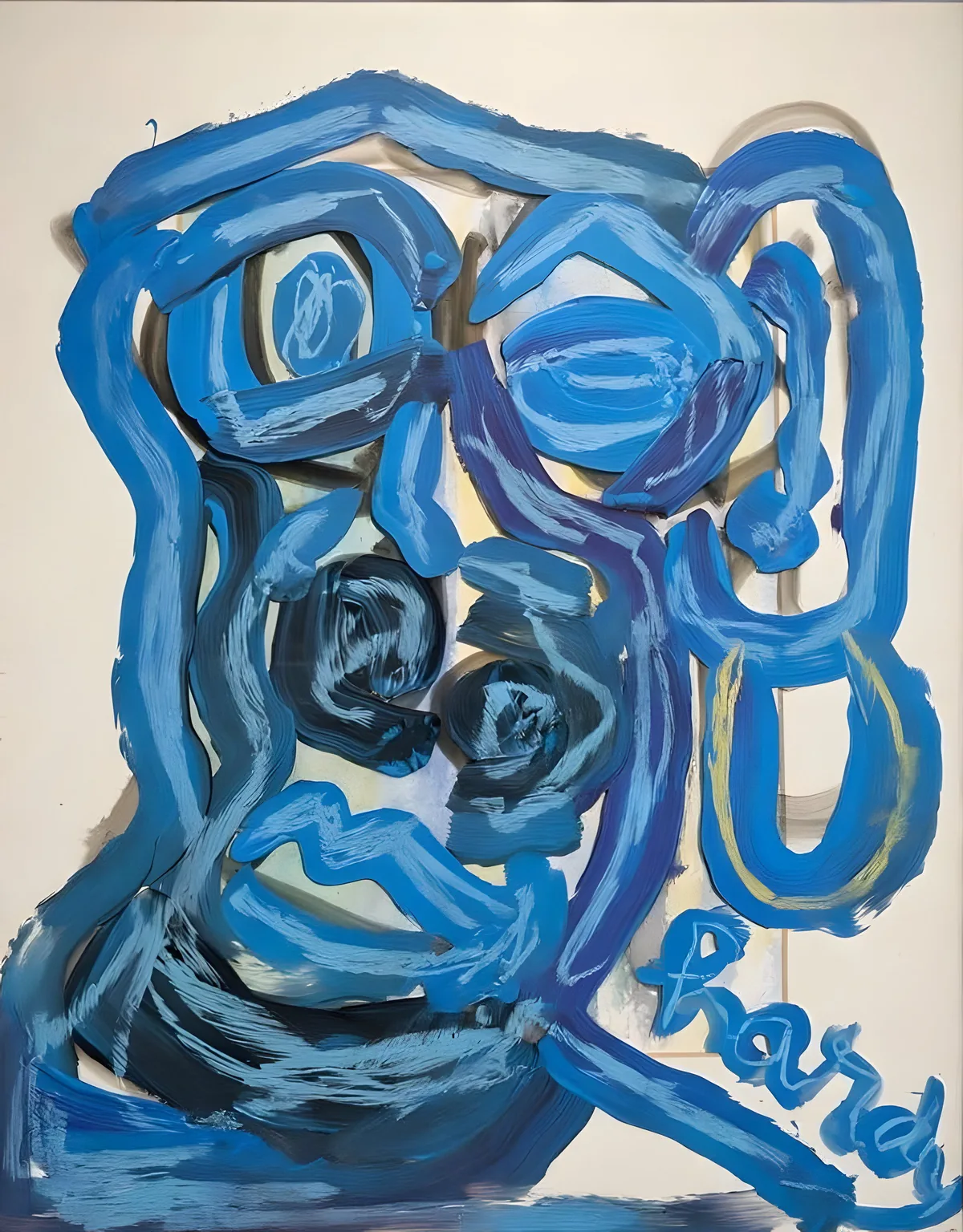 Blue Face: a face drawn in broad strokes of blue on raw canvas, signed hardy